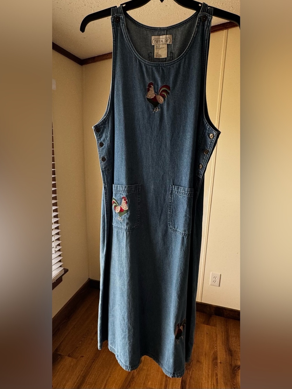 Denim Blue Embroidered Rooster Pinafore Dress Large